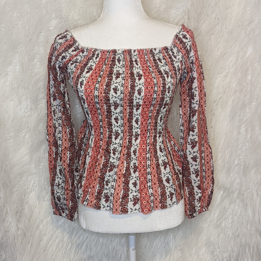 Japna ☆ NWT Women's XS Boho Floral Pleated Long Sleeve Top Flared Bottom - Picture 4 of 9